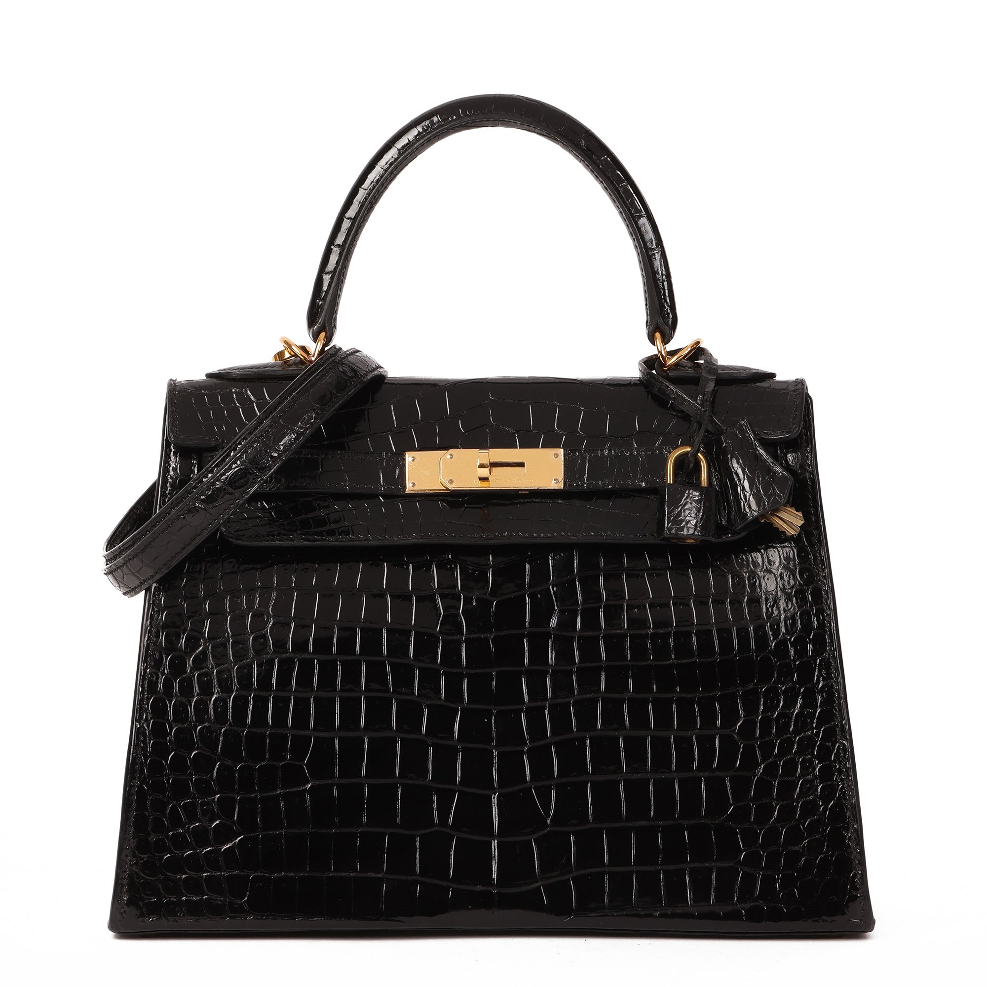 Hermès Black Shiny Porosus Crocodile Leather Vintage Kelly 28cm Sellier