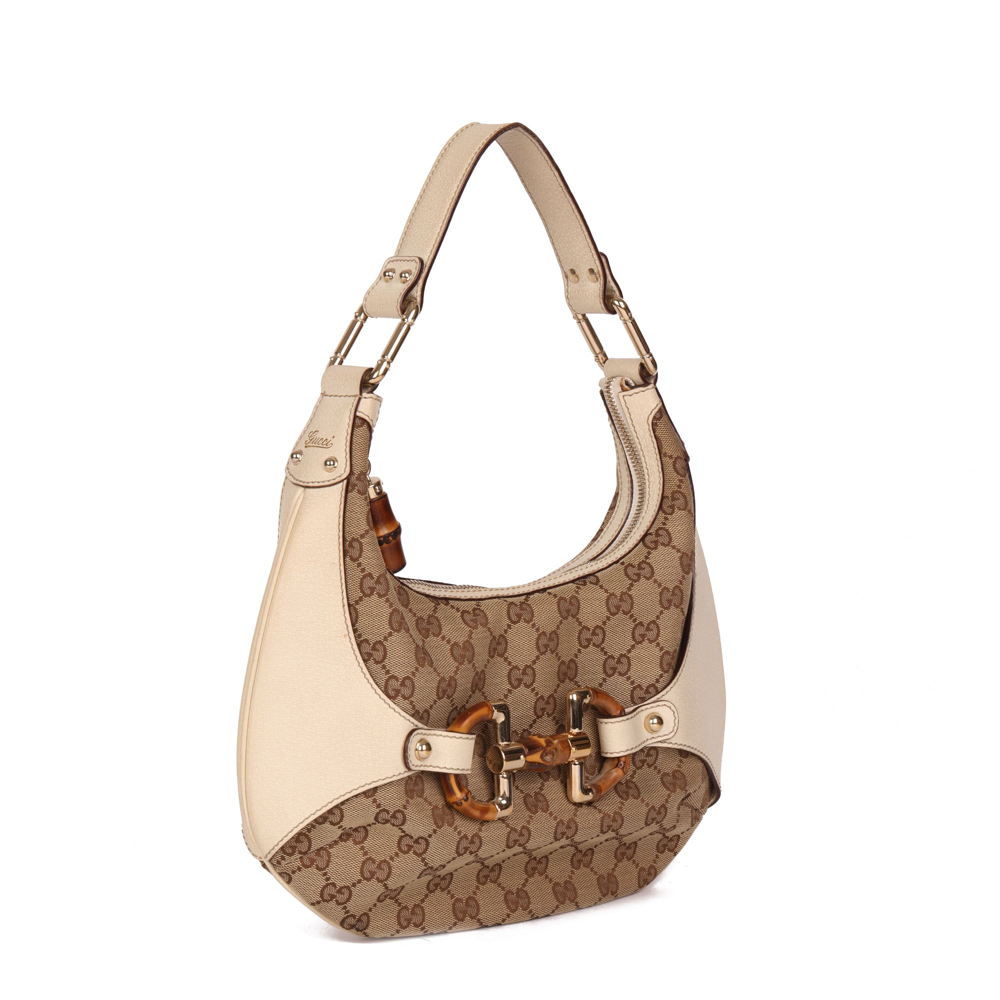 Gucci GG Supreme Canvas & Cream Pigskin Leather Bamboo Shoulder Bag
