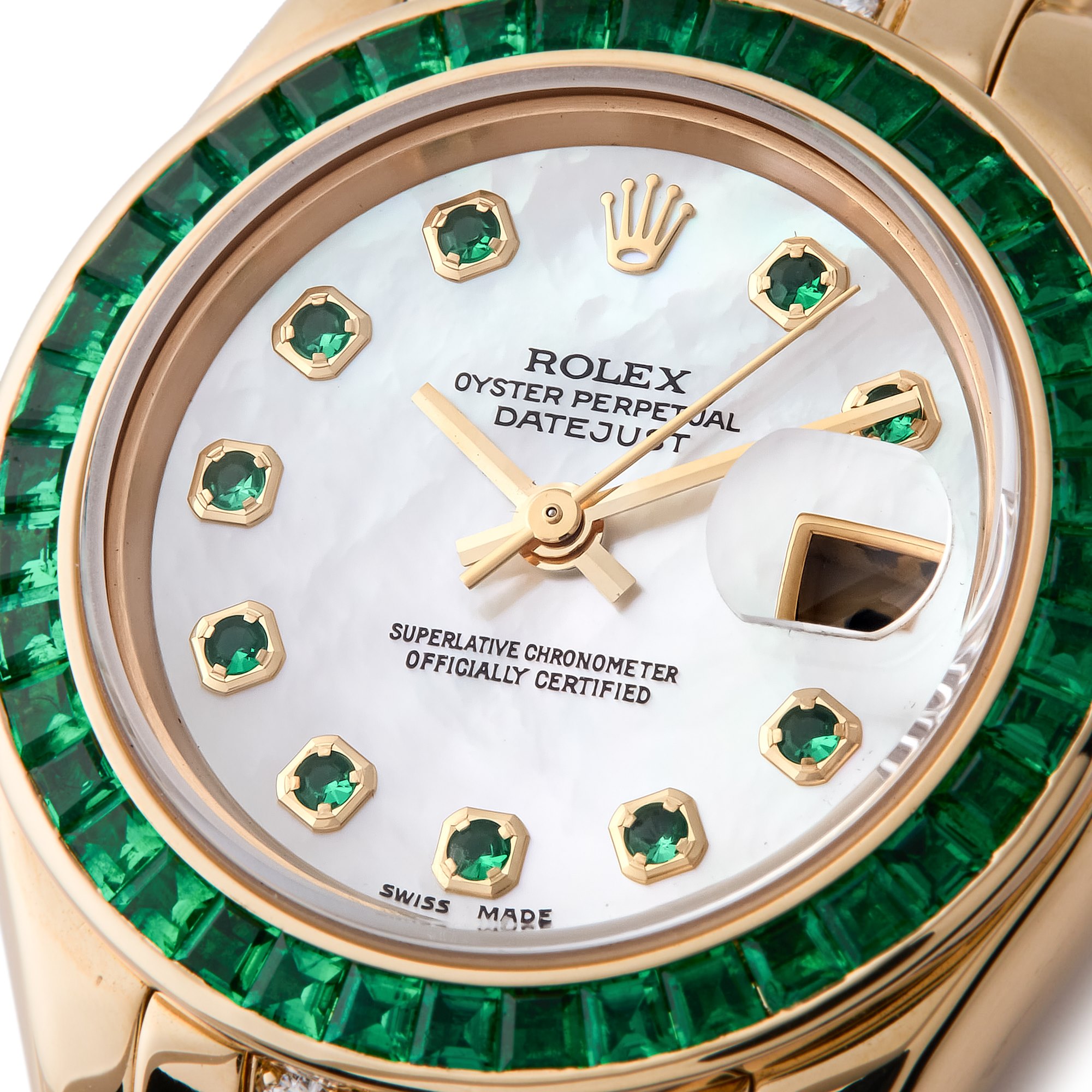 Rolex Datejust Pearlmaster Mother Of Pearl Emerald Masterpiece 18K Geel Goud 69308