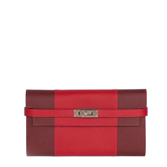 Hermès Rouge Casque & Rough H Epsom Leather Flag Kelly Wallet