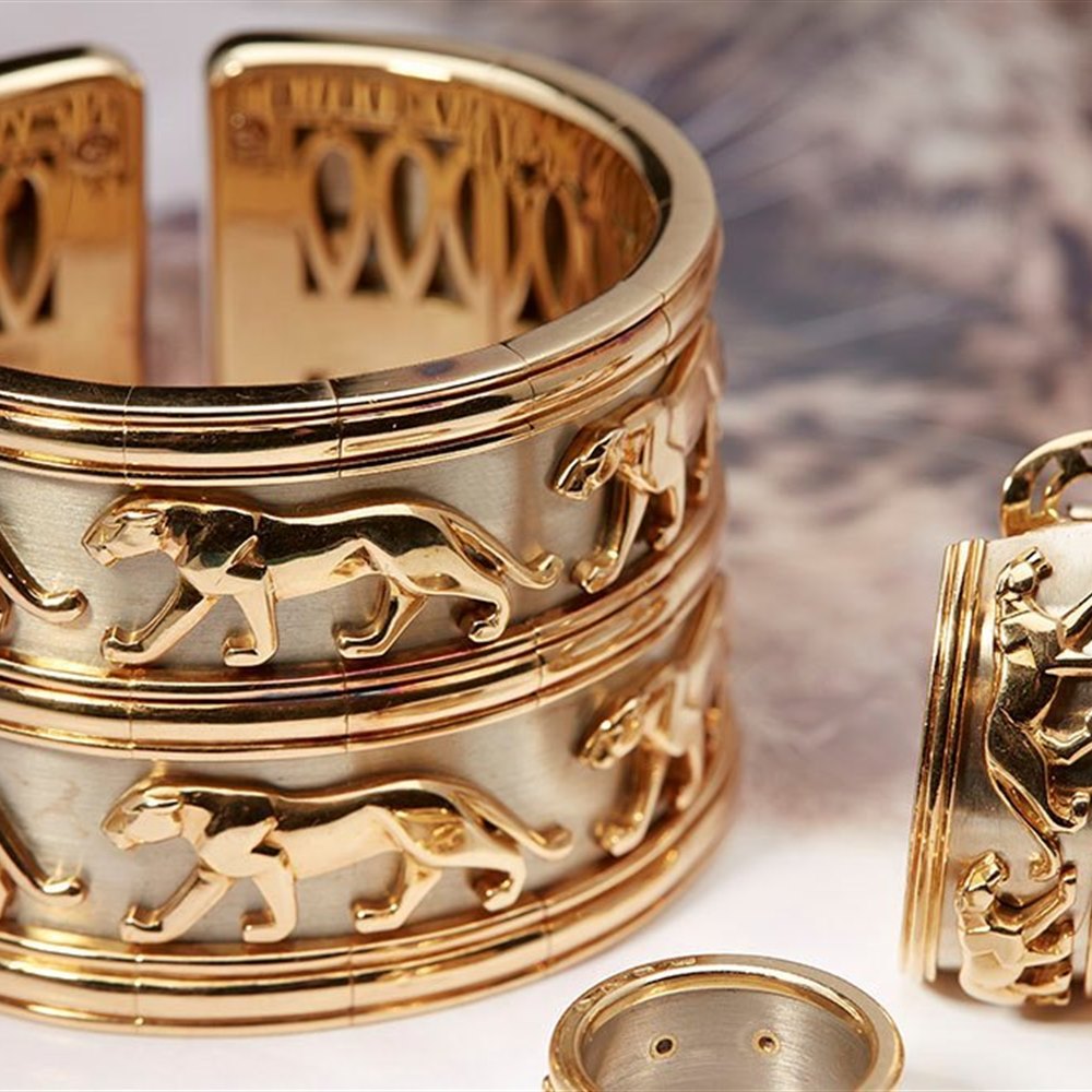 Cartier Rare White Metal & 18k Yellow Gold Panthere Bracelet, Ring & Earring Set
