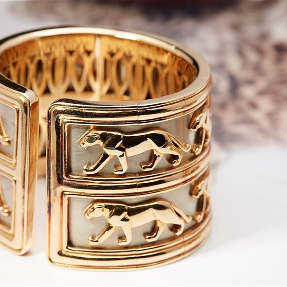 Cartier Rare White Metal & 18k Yellow Gold Panthere Bracelet, Ring & Earring Set