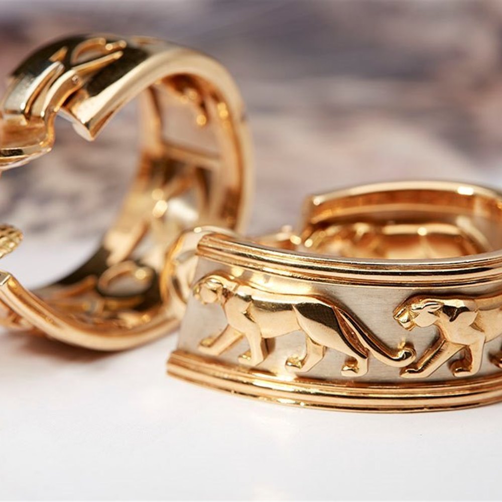 Cartier Rare White Metal & 18k Yellow Gold Panthere Bracelet, Ring & Earring Set
