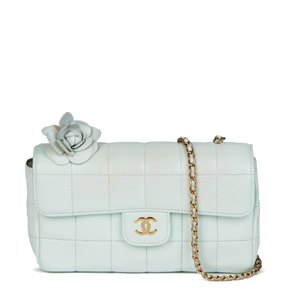 Chanel Pale Blue Chocolate Bar Quilted Lambskin Camellia Mini Flap Bag
