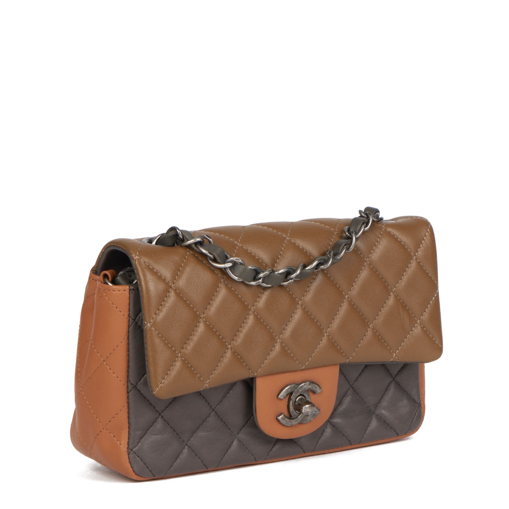 Chanel Khaki, Grey & Dark Beige Quilted Lambskin Rectangular Mini Flap Bag