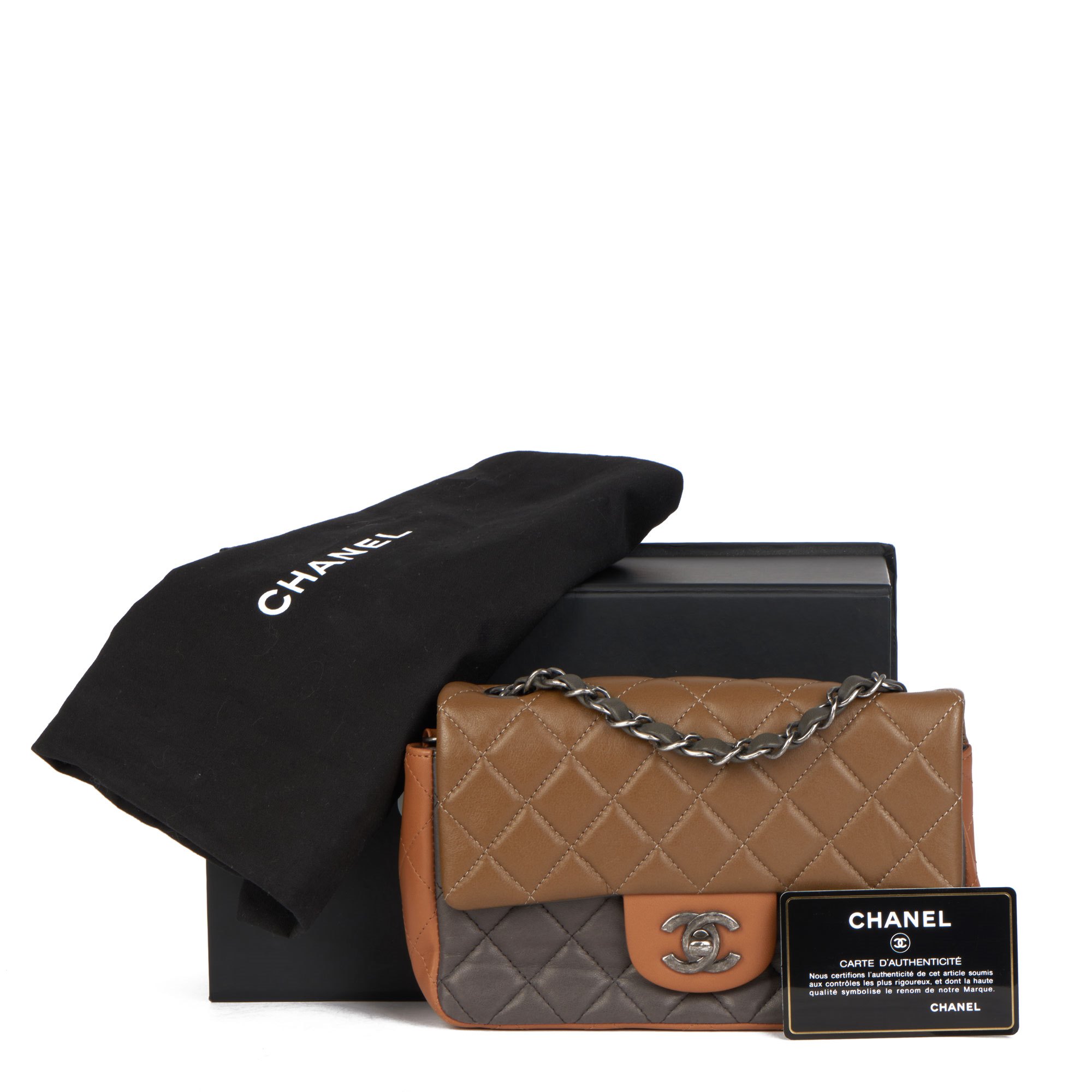 Chanel Khaki, Grey & Dark Beige Quilted Lambskin Rectangular Mini Flap Bag