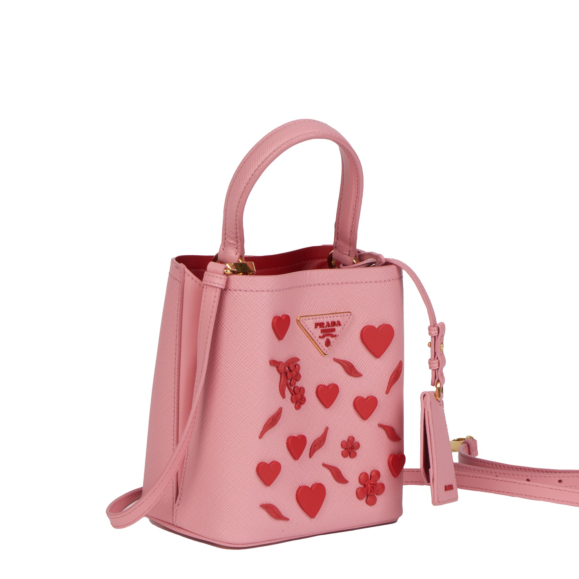 Prada Petal Pink Saffiano Leather & Fiery Red Rubber Embellished Small Panier