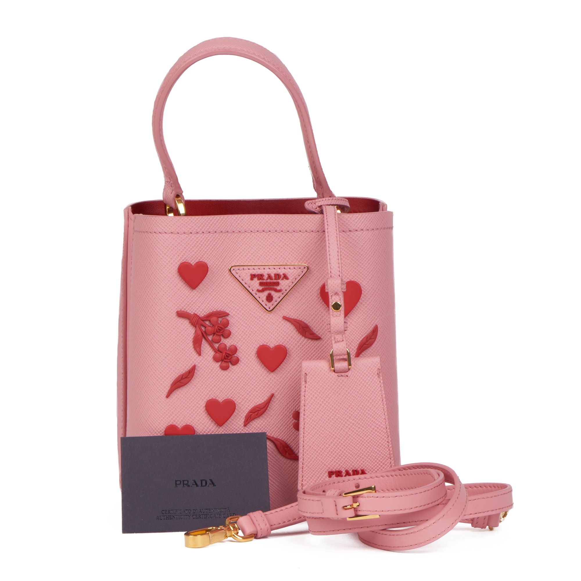 Prada Petal Pink Saffiano Leather & Fiery Red Rubber Embellished Small Panier