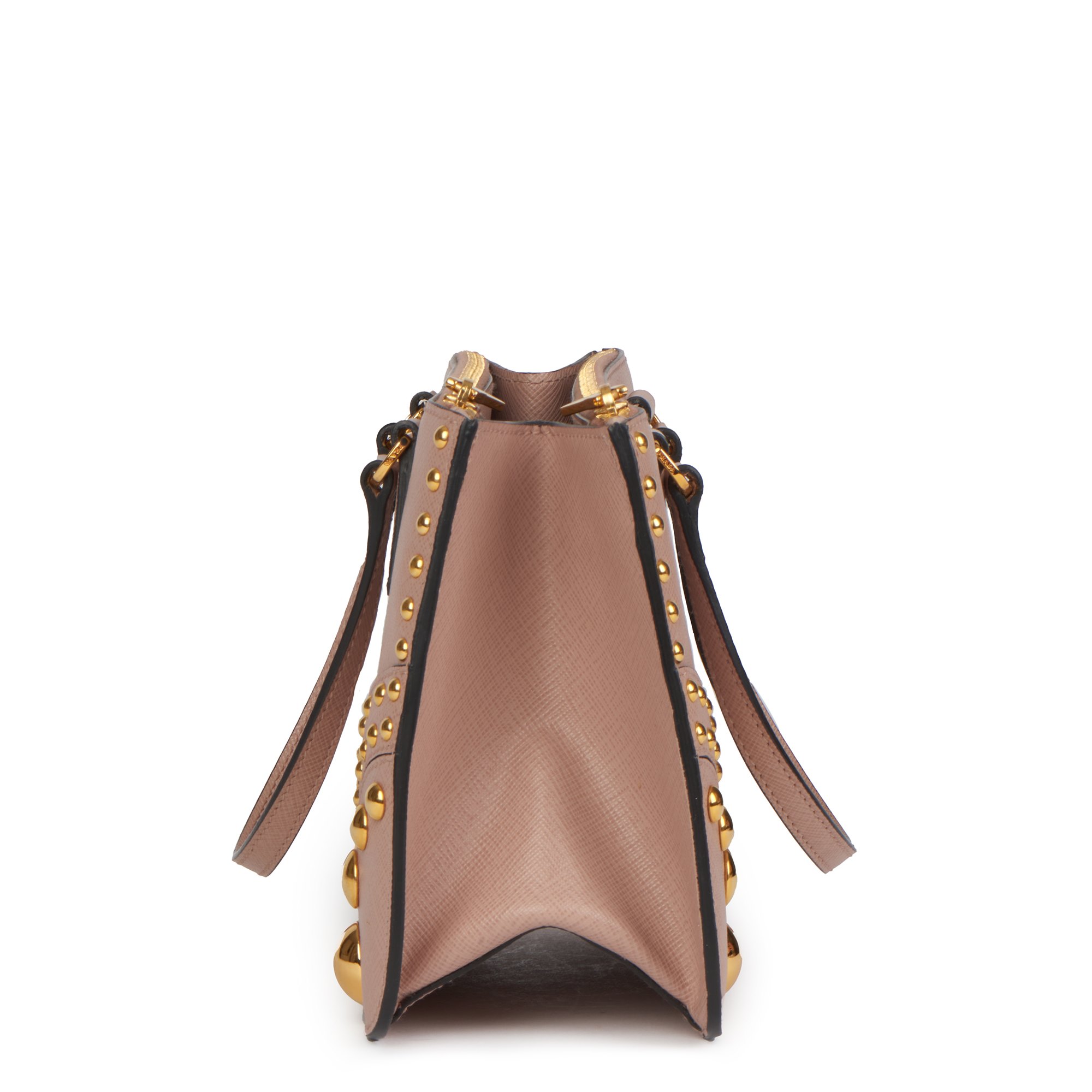 Prada Beige Studded Saffiano Leather Double Zip Tote