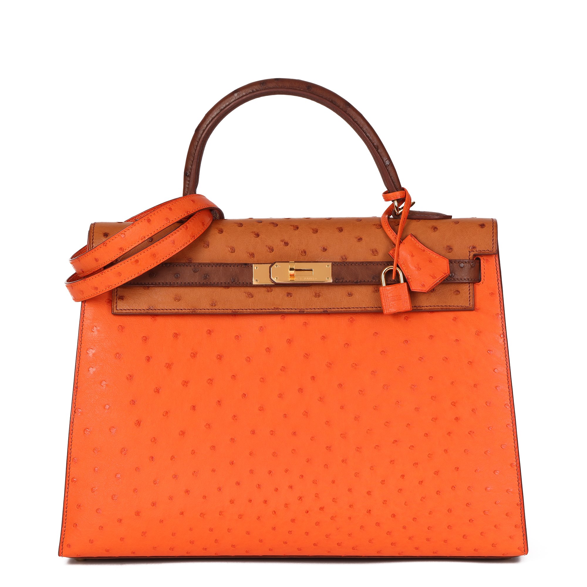 Hermès Tangerine, Cognac & Etrusque Ostrich Leather HSS Special Order Kelly 35cm Sellier