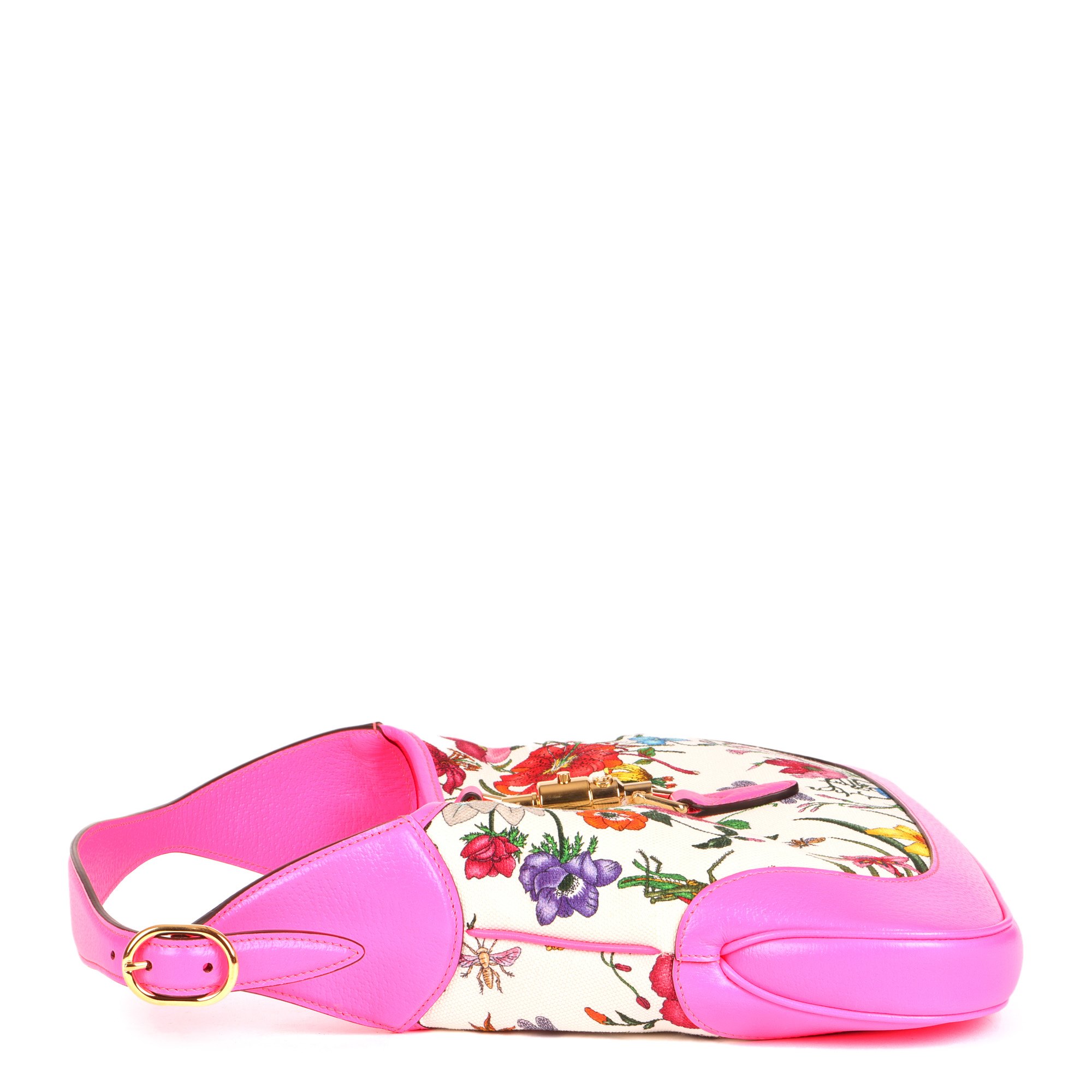Gucci White Floral Canvas & Pink Calfskin Leather Small Jackie