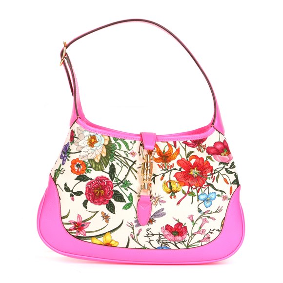 Gucci White Floral Canvas & Pink Calfskin Leather Small Jackie