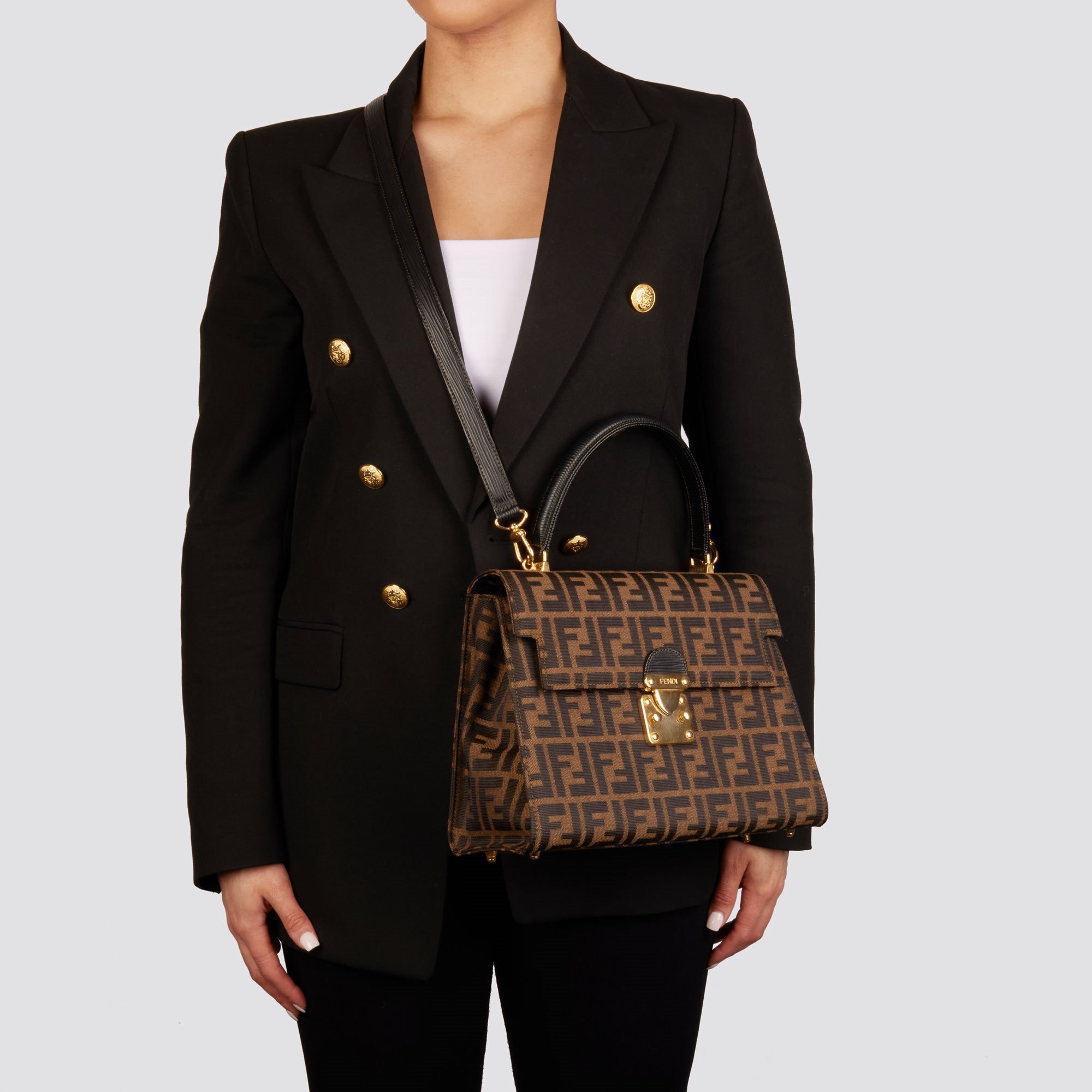 Fendi Brown Zucca Canvas & Calfskin Leather Vintage Top Handle Shoulder Bag