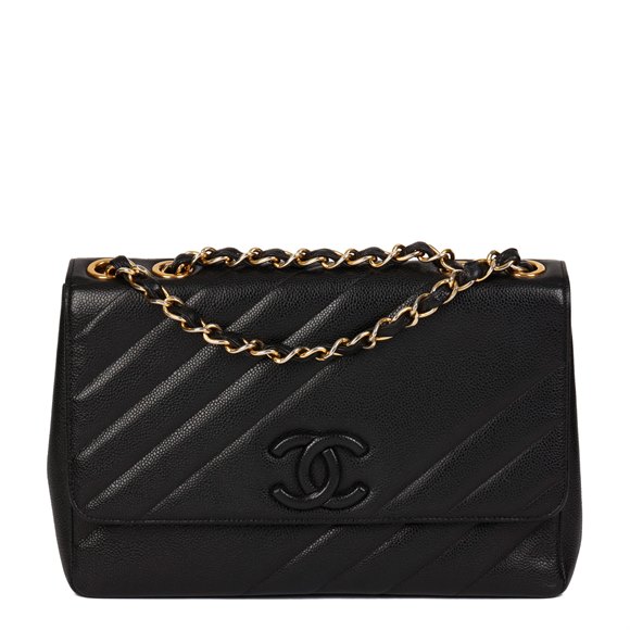 Chanel Black Diagonal Quilted Caviar Leather Vintage Jumbo Leather Logo Classic Single Flap Bag