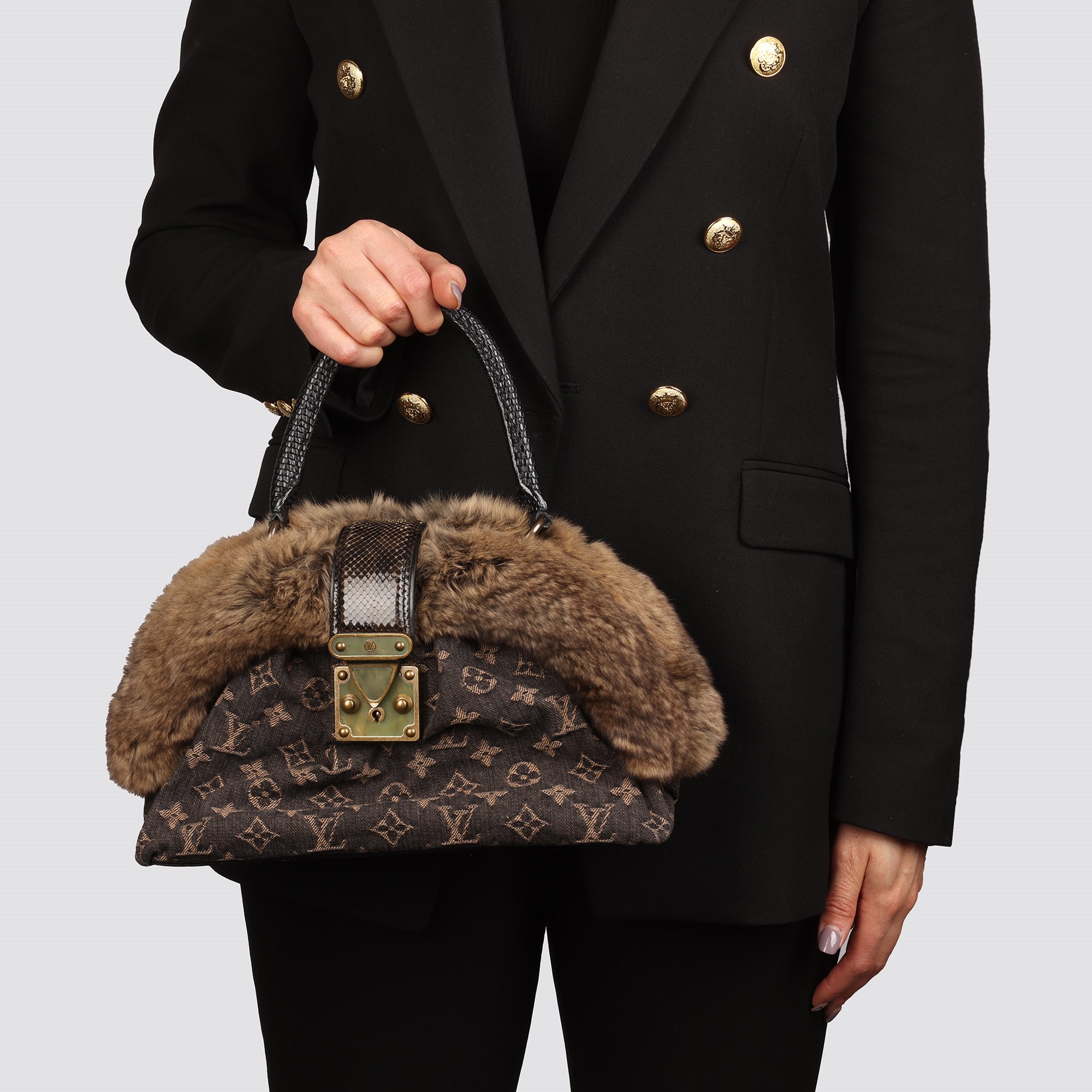 Louis Vuitton Black Denim, Chinchilla Fur, Lizard & Python Leather Trim Demi Lune MM