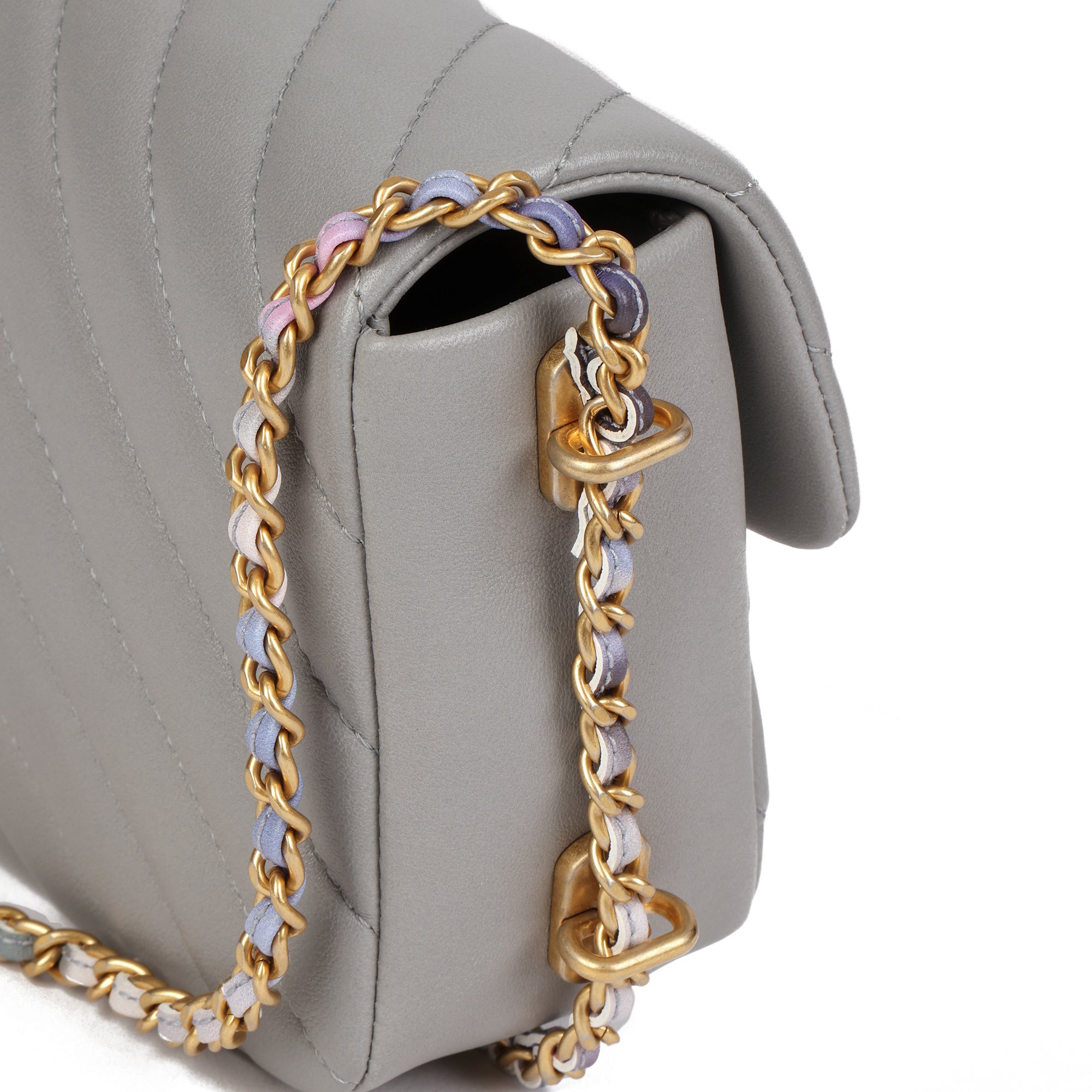 Chanel Grey Chevron Quilted Lambskin Chain Around Mini Rectangular Flap Bag