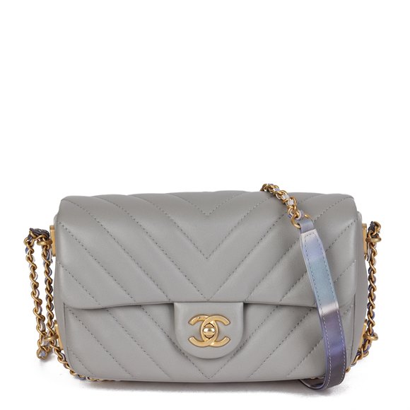 Chanel Grey Chevron Quilted Lambskin Chain Around Mini Rectangular Flap Bag