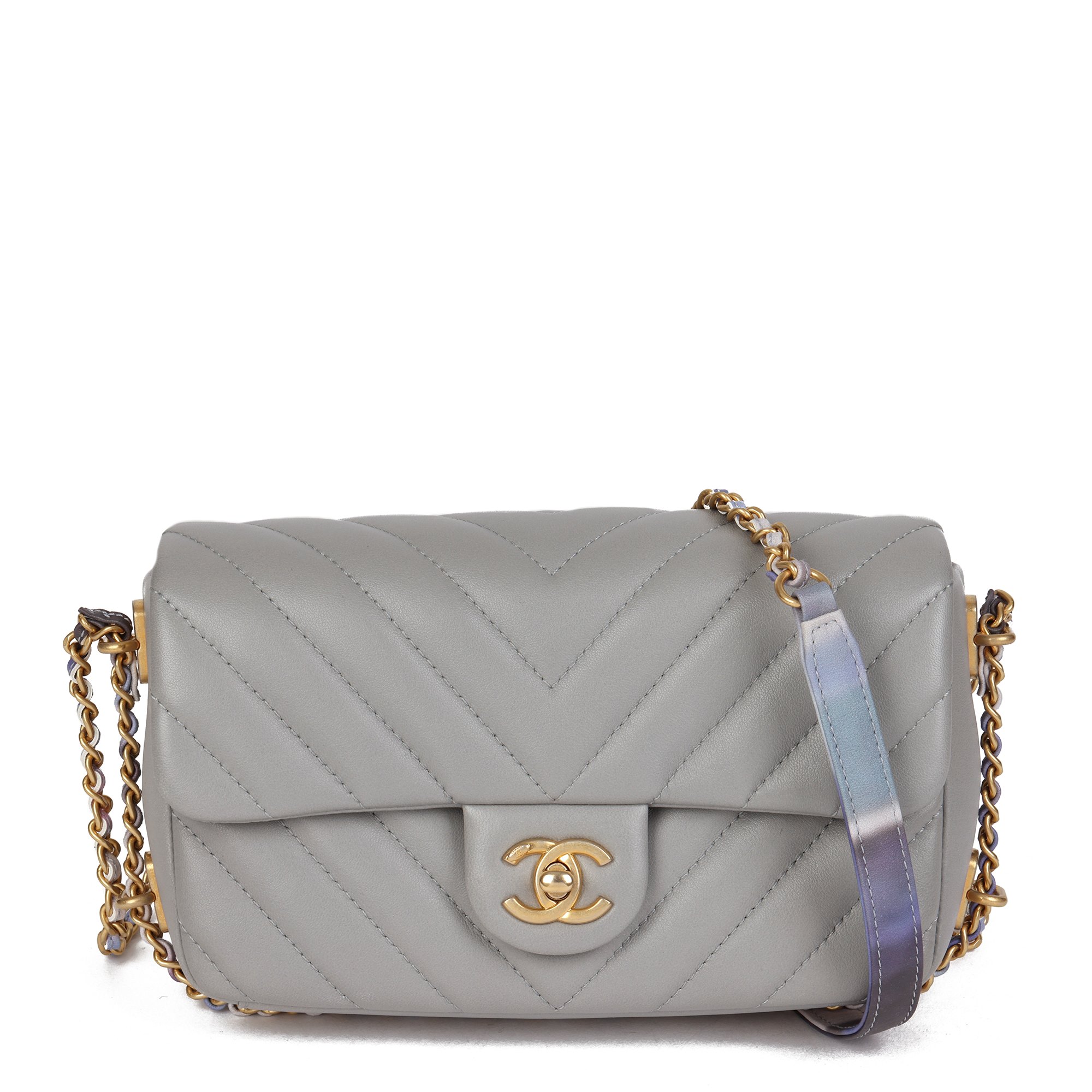 Chanel Grey Chevron Quilted Lambskin Chain Around Mini Rectangular Flap Bag