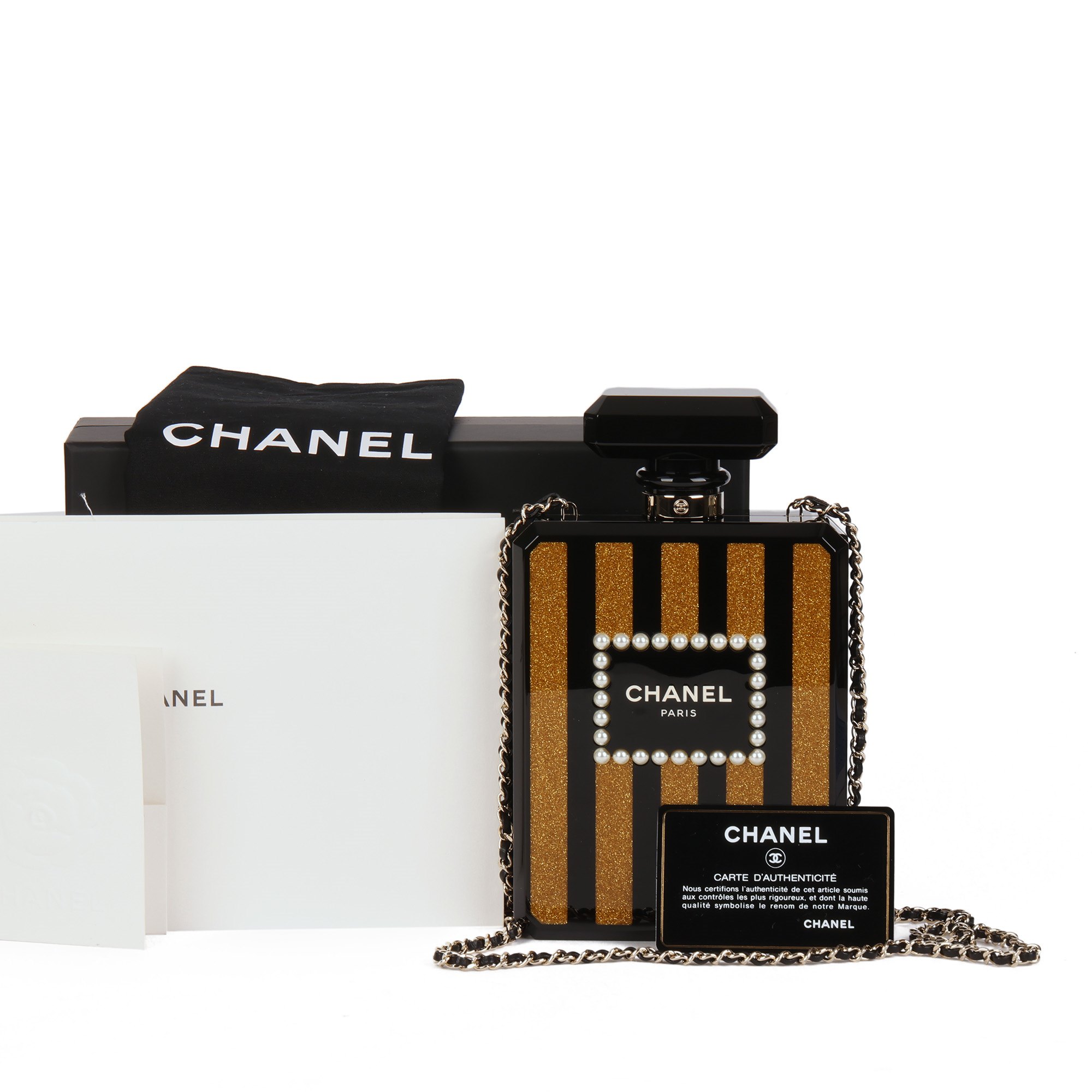 Chanel Black & Gold Glitter Plexiglass Pearl Embellished Perfume Bottle Minaudière