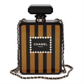 Chanel Black & Gold Glitter Plexiglass Pearl Embellished Perfume Bottle Minaudière
