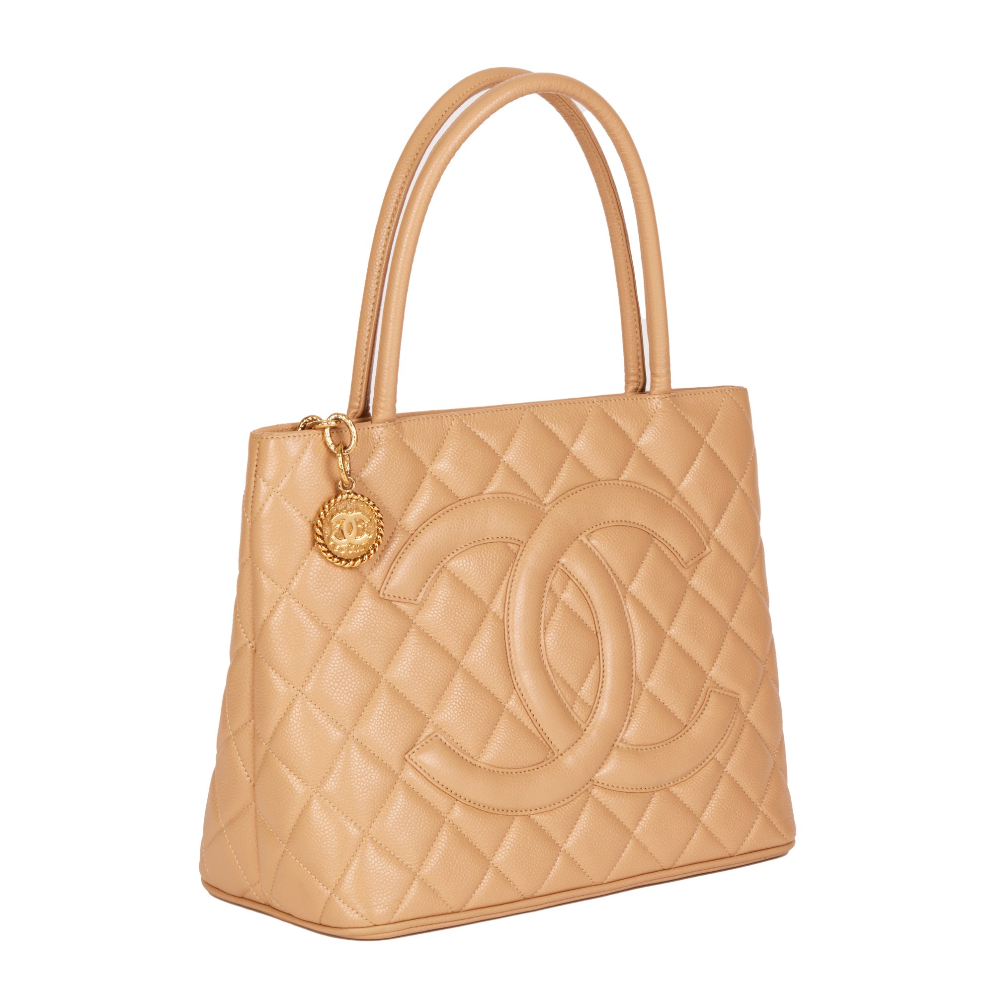 Chanel Beige Quilted Caviar Leather Vintage Medallion Tote
