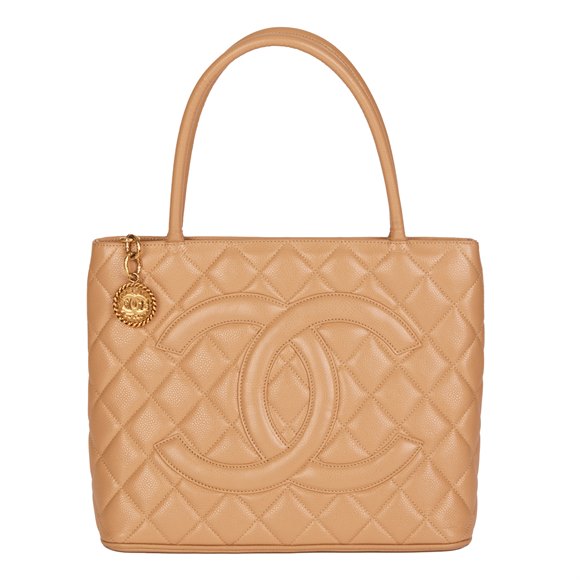 Chanel Beige Quilted Caviar Leather Vintage Medallion Tote