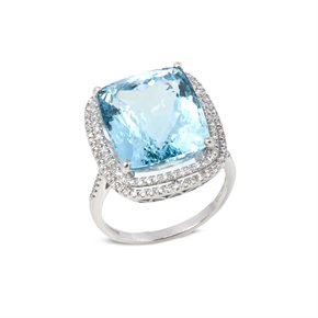 David Jerome Certified 12.56ct Cushion Cut Aquamarine and Diamond Ring