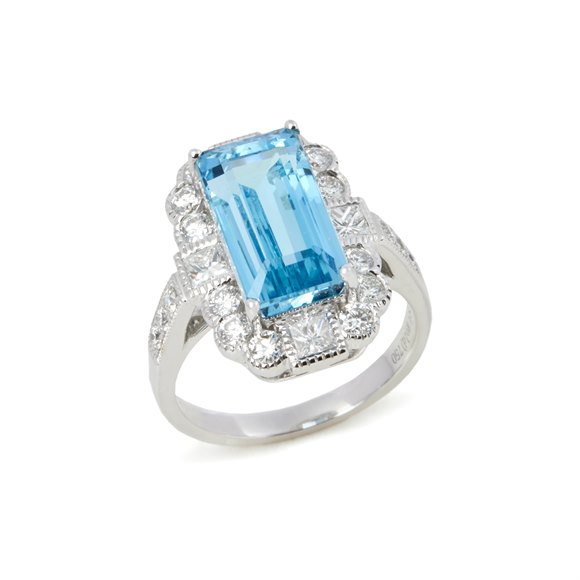 David Jerome Certified 5.67ct Emerald Cut Aquamarine and Diamond Ring