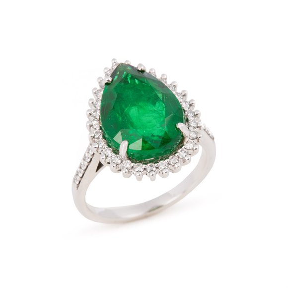 David Jerome Certified 5.92ct Pear Cut Emerald and Diamond Ring