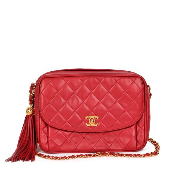 Chanel Red Quilted Lambskin Vintage Small Classic Fringe Camera Bag