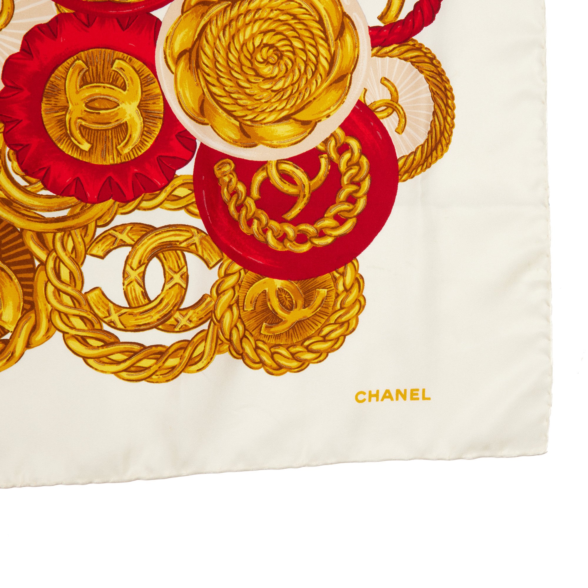 Chanel White, Gold & Red Silk Vintage Medallion Coin Chain Print Scarf