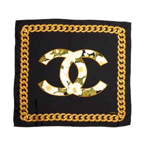 Chanel Black, Gold & Green Floral Silk Vintage CC Scarf