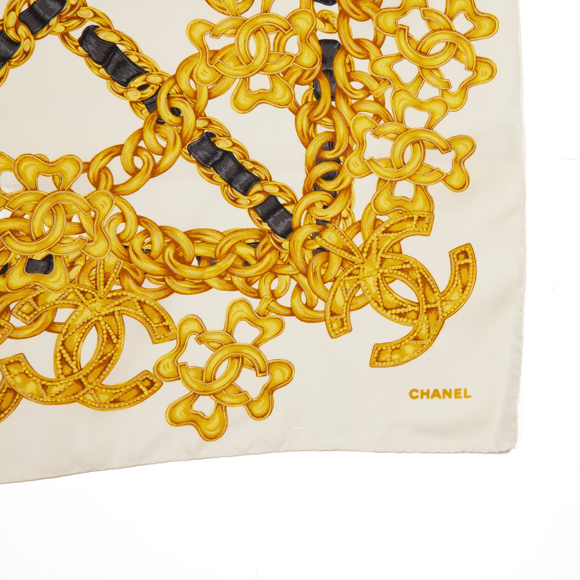 Chanel White, Gold & Black Silk Vintage CC Chain Scarf