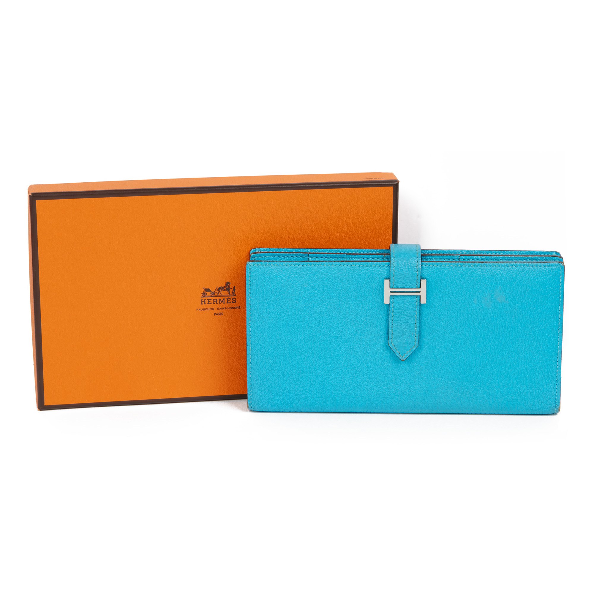 Hermès Bleu Aztec Chevre Mysore Leather Bearn Wallet