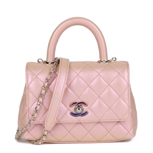 Chanel Iridescent Pink Quilted Caviar Leather Mini Coco Top Handle