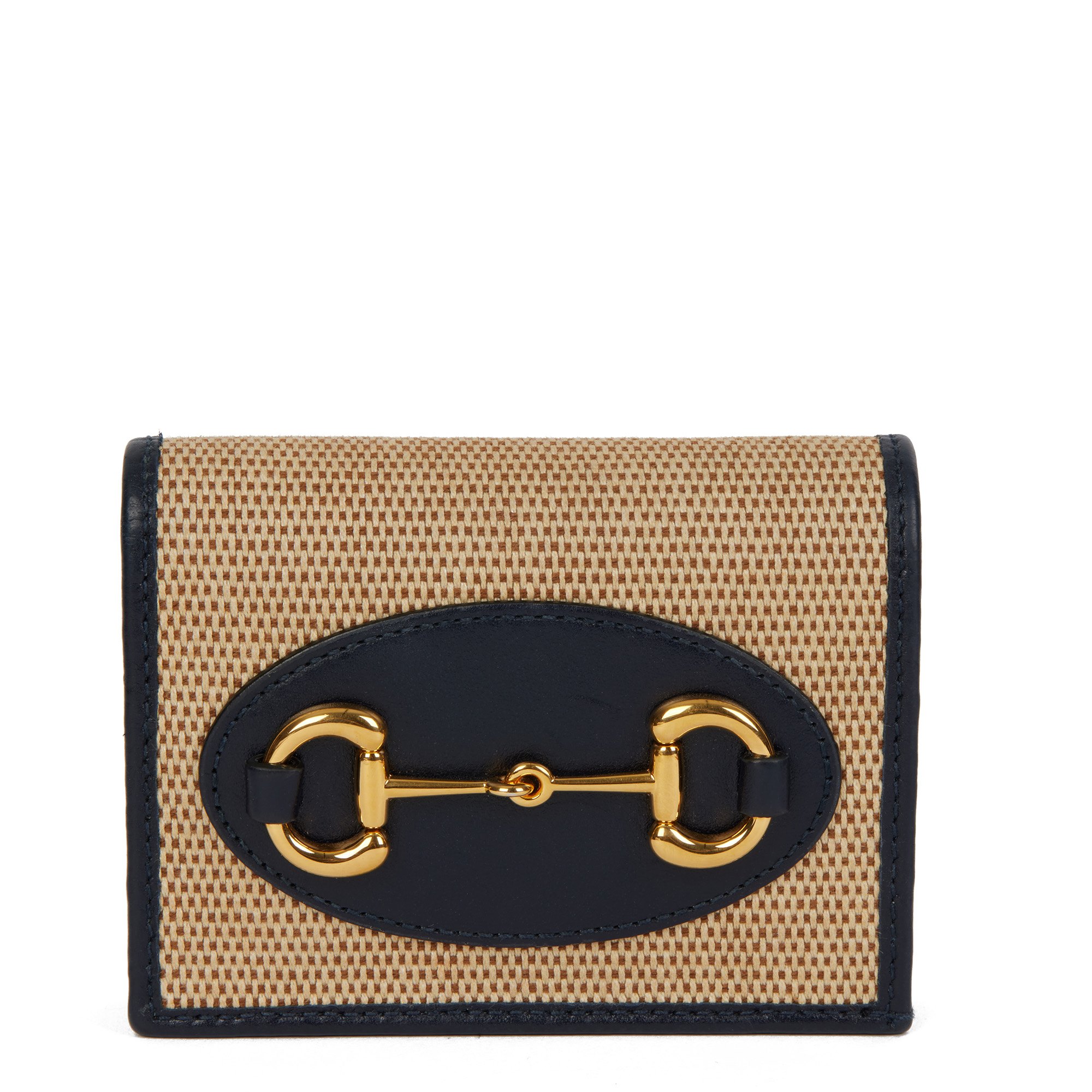 Gucci Beige Canvas & Navy Calfskin Leather Horsebit 1955 Card Case Wallet