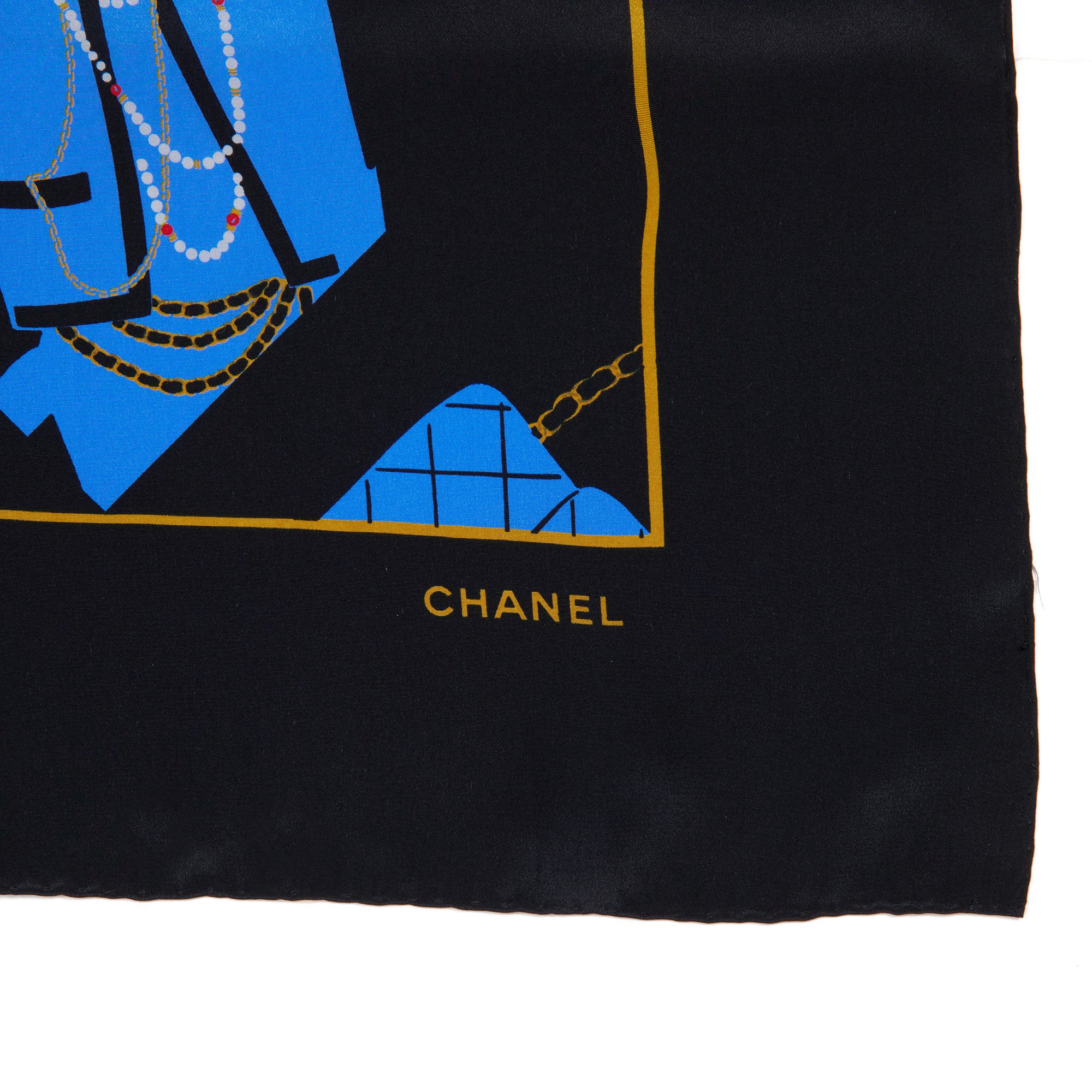 Chanel Black & Blue Silk Vintage Flap Bag Motif Scarf