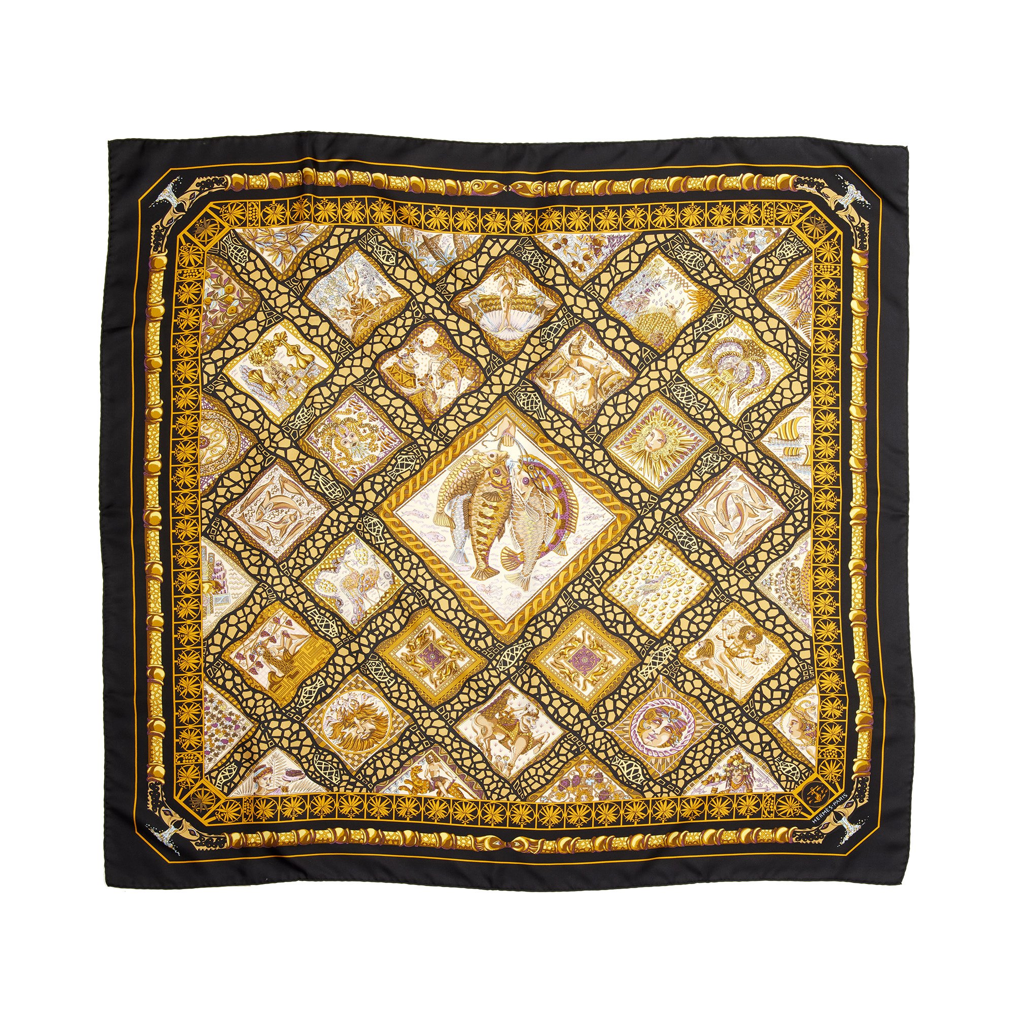 Hermès Black & Gold Silk Vintage Mare Nostrum Scarf