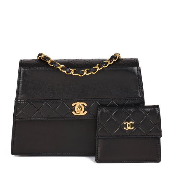 Chanel Black Quilted Lambskin Vintage Mini Trapeze Classic Single Flap Bag with Pouch