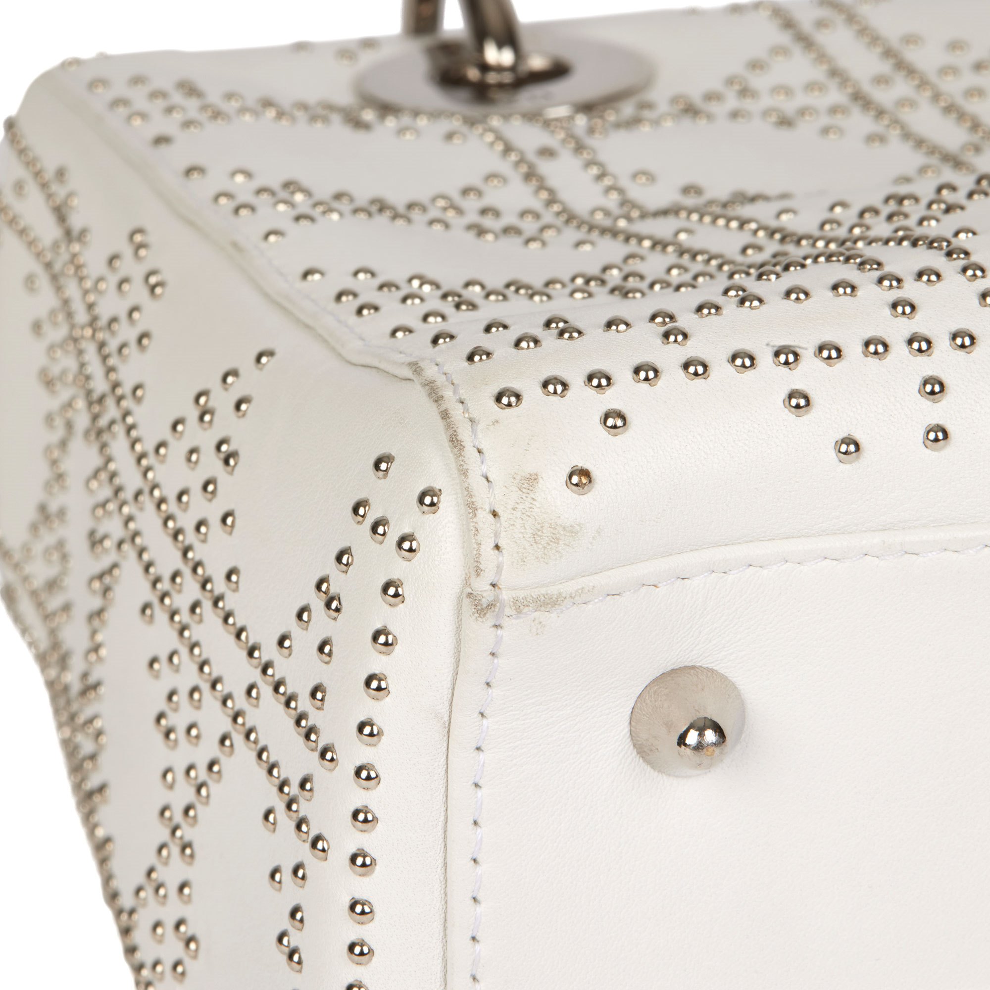 Christian Dior White Studded Calfskin Leather Medium Lady Dior