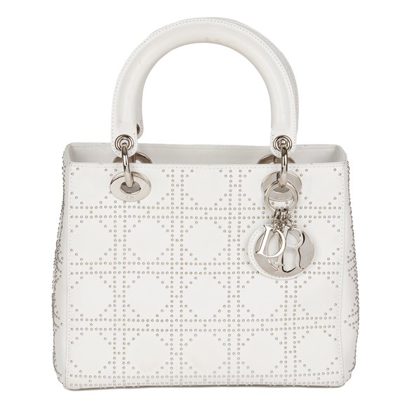 Christian Dior White Studded Calfskin Leather Medium Lady Dior