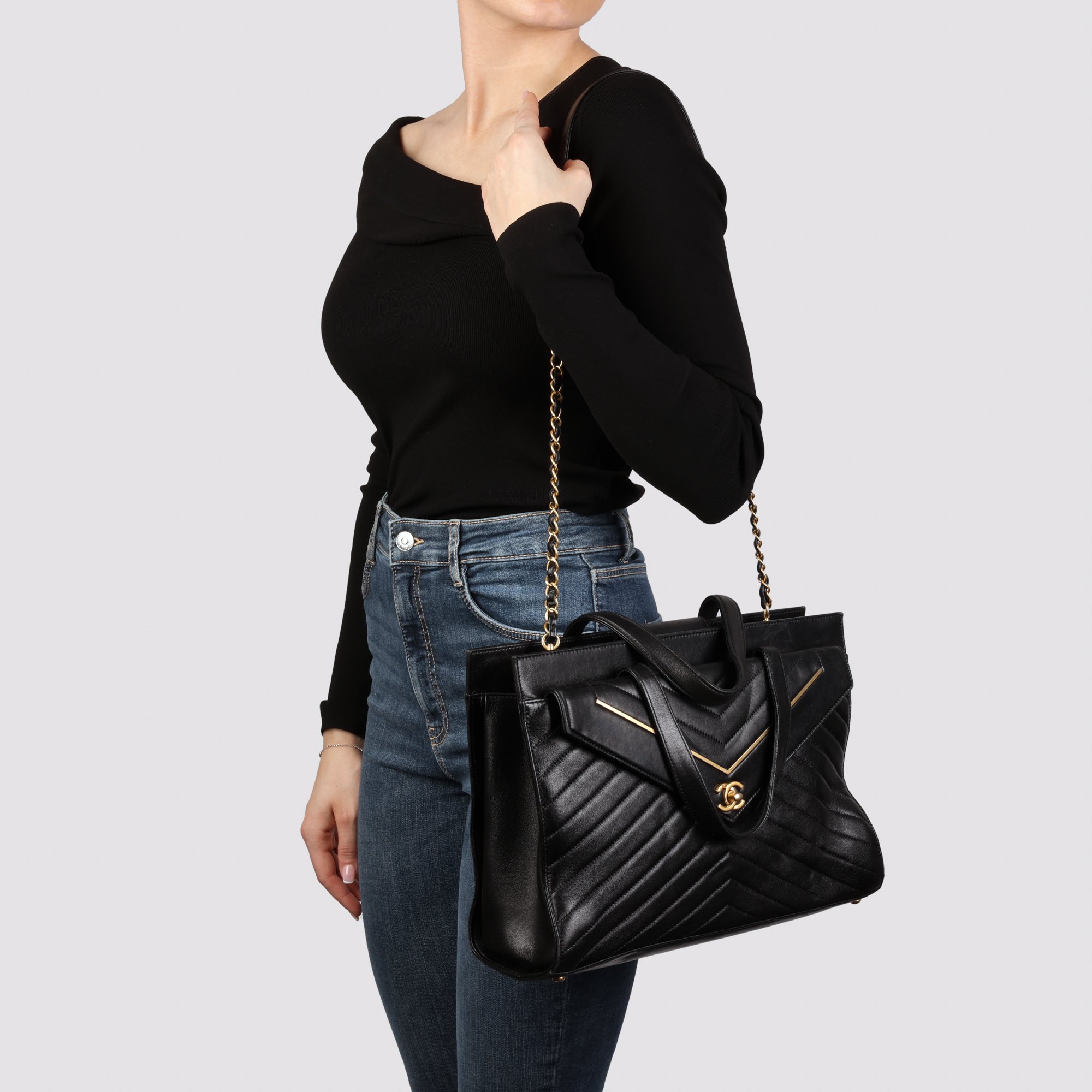 Chanel Black Chevron Quilted Lambskin Classic Shoulder Tote
