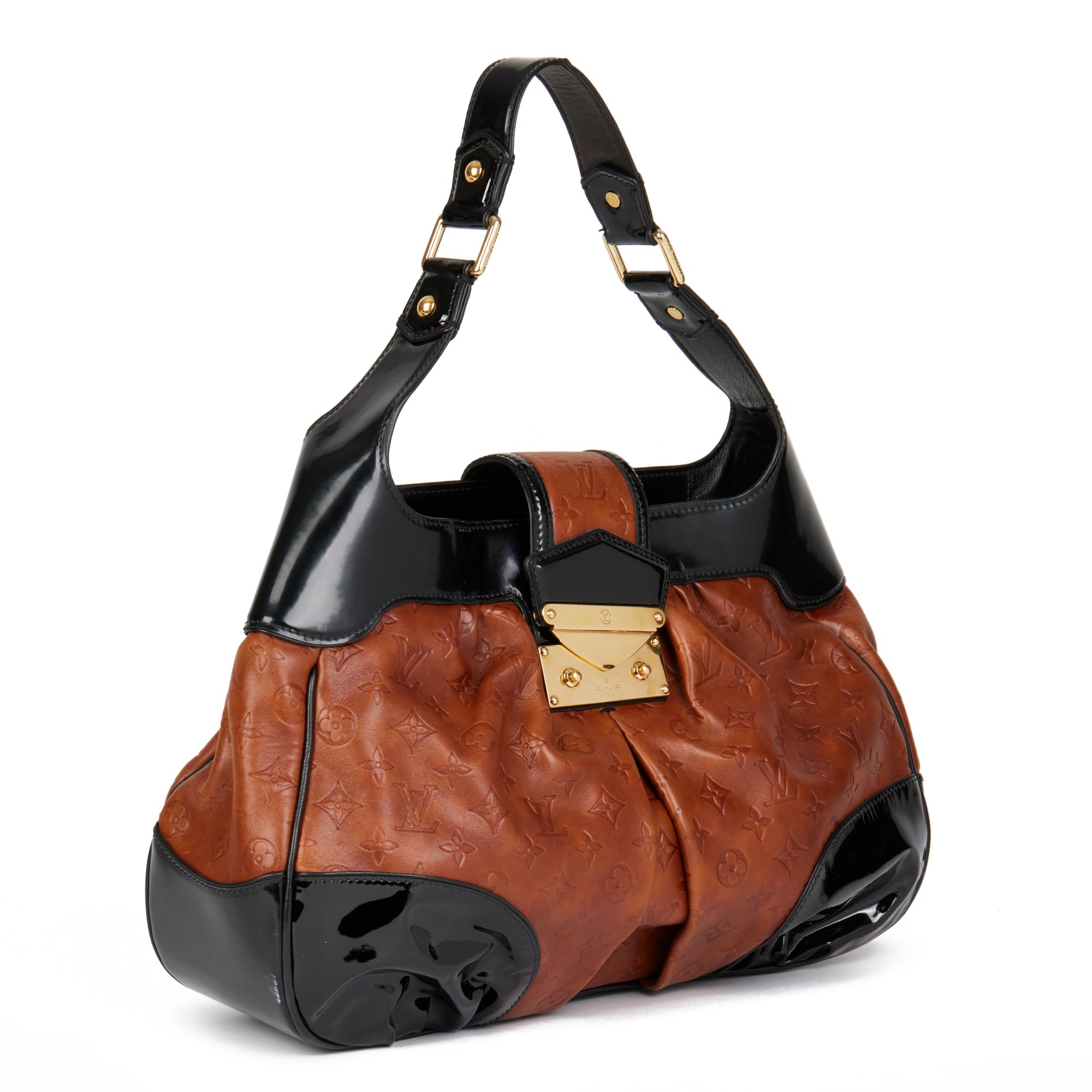 Louis Vuitton Black Patent Leather & Caramel Embossed Calfskin Leather Polly