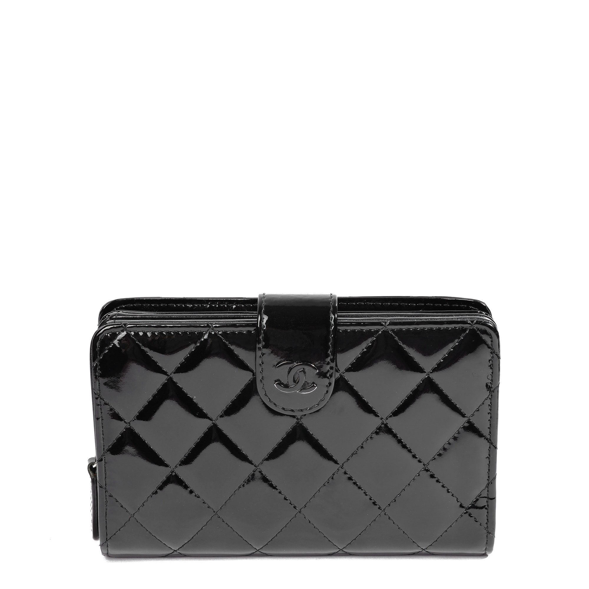 Chanel Black Quilted Patent Leather Zip Pocket Wallet