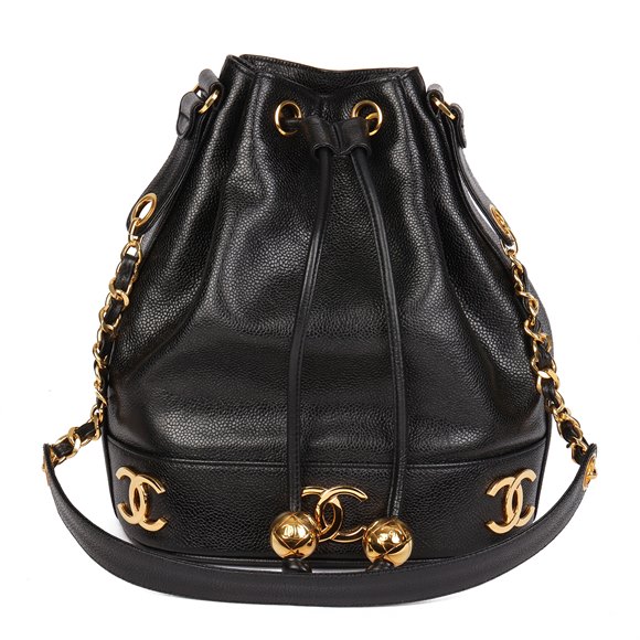 Chanel Black Caviar Leather Vintage Logo Trim Bucket Bag with Pouch