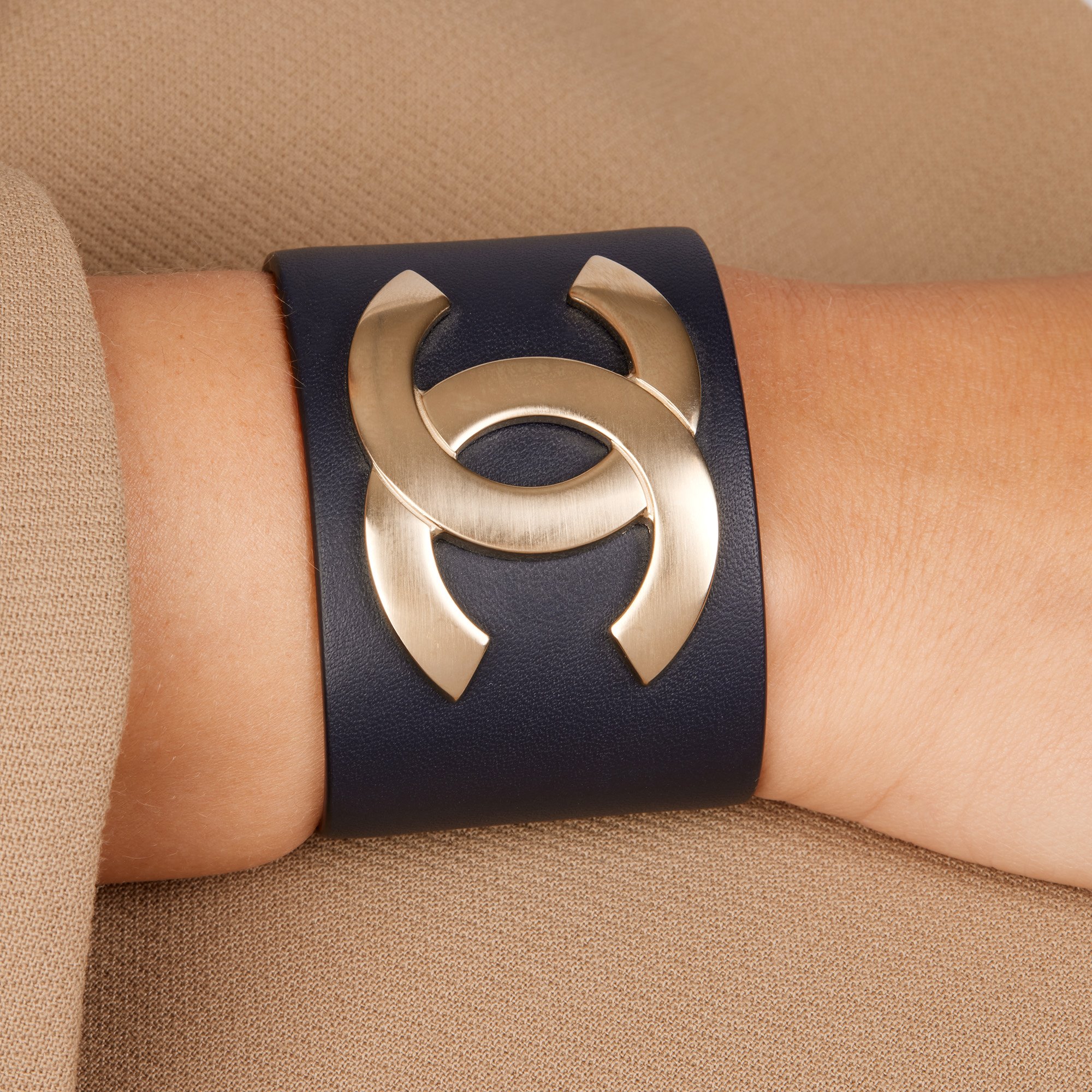 Chanel Navy Lambskin Leather Gold CC Bracelet