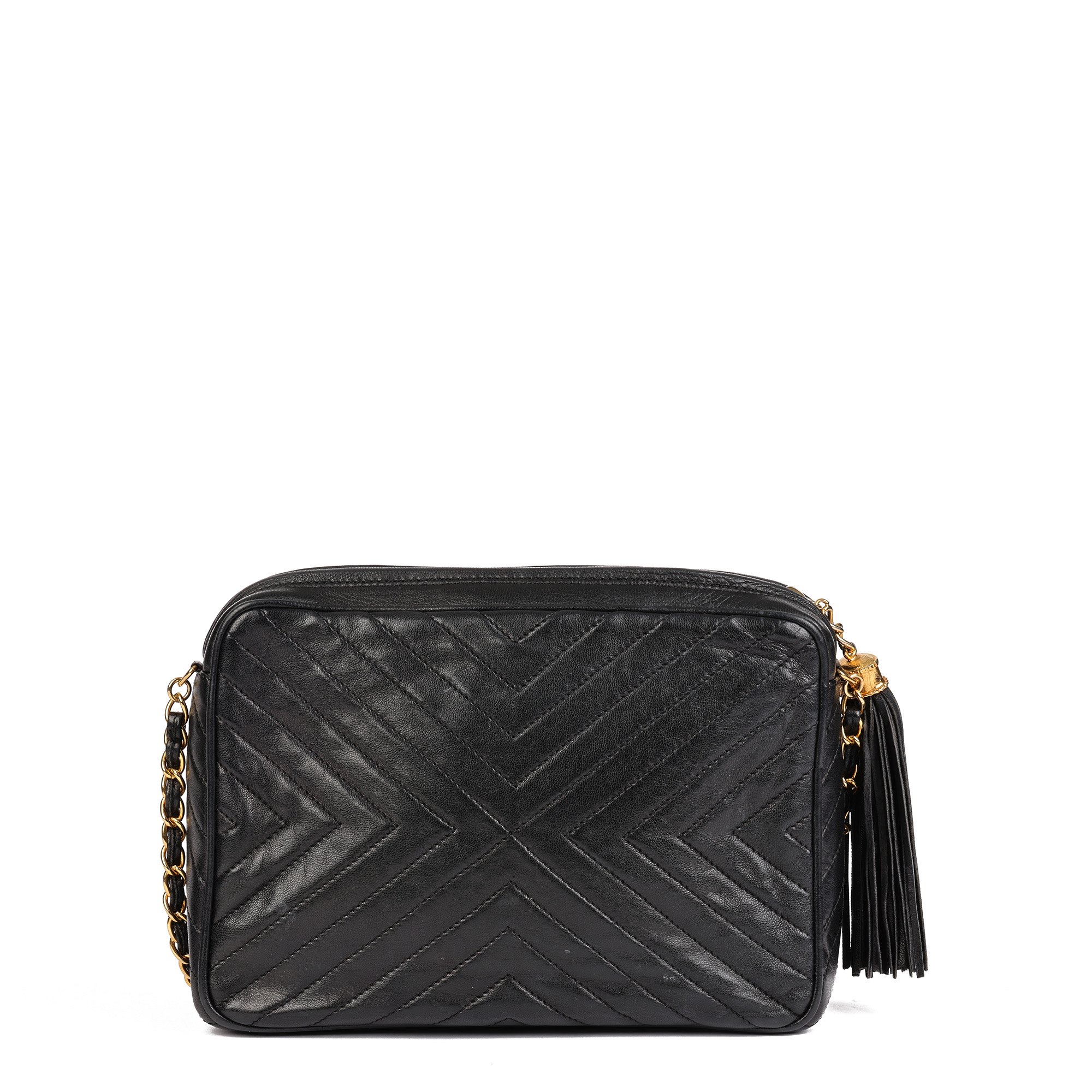 Chanel Black Chevron Quilted Lambskin Vintage Small Fringe Timeless Camera Bag