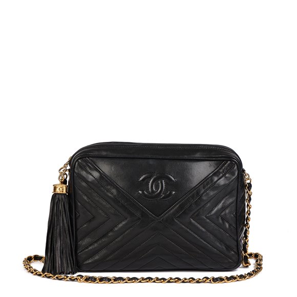 Chanel Black Chevron Quilted Lambskin Vintage Small Fringe Timeless Camera Bag