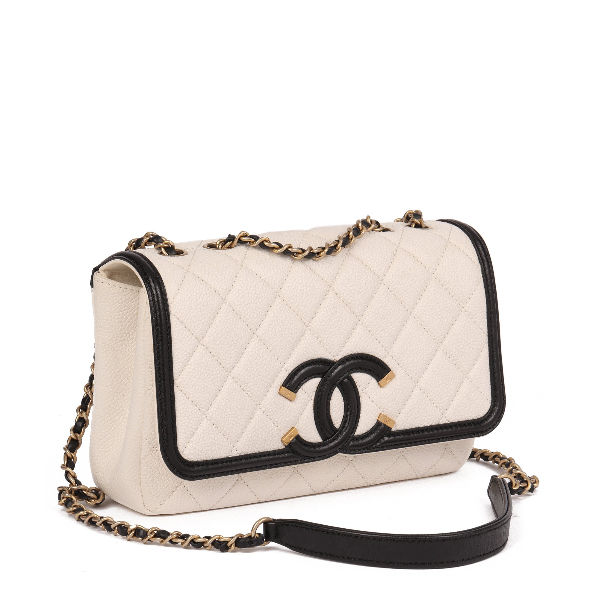 Chanel White Quilted Caviar Leather Small Filigree Flap Bag