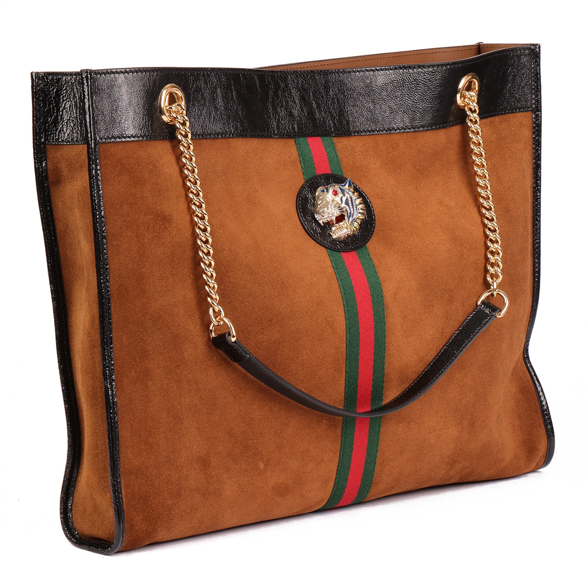 Gucci Brown Suede & Black Patent Leather Maxi Rajah Tote